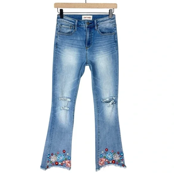 Driftwood Roxy Jeans Womens 25 Embroidered Mid Rise Kick Flare Raw Hem Stretch - Picture 1 of 7